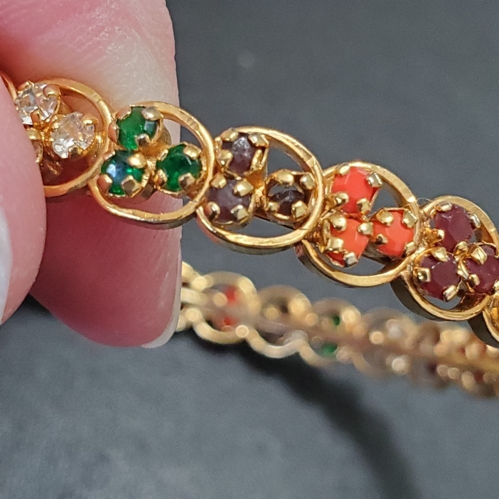 Gold tone multicolored rhinestone bangle bracelet 7.25"